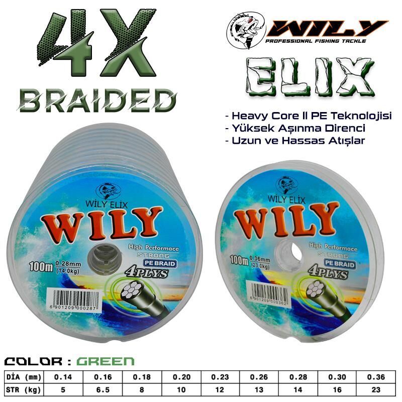 Wily Elix 4 Kat İp Misina Yeşil 100 Mt