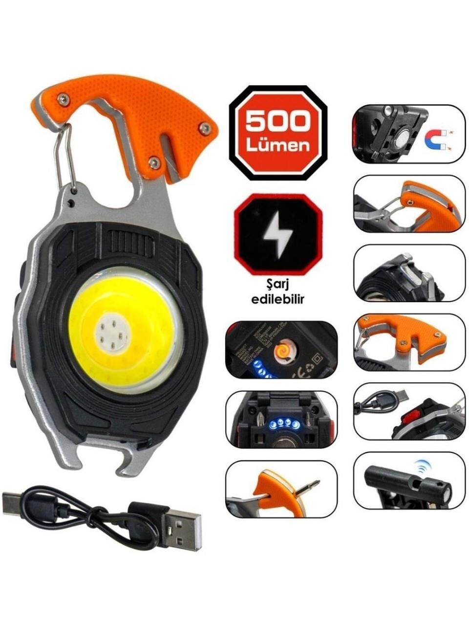 Powerdex PD-808 Çok Fonksiyonlu Tornavida Düdük Şişe Açacağı Ateş Yakıcı Mıknatıslı Type-C Şarjlı Anahtarlık Fener